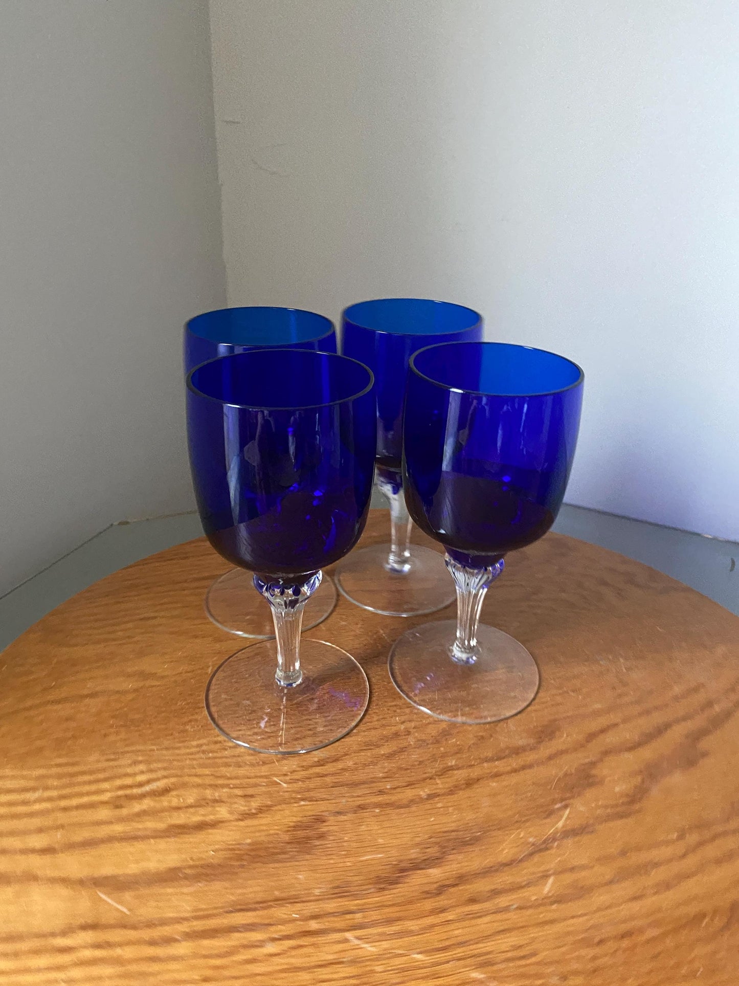 Set of 4 Vintage Cobalt Blue Bowl Wine Glasses with Pulled Clear Stem