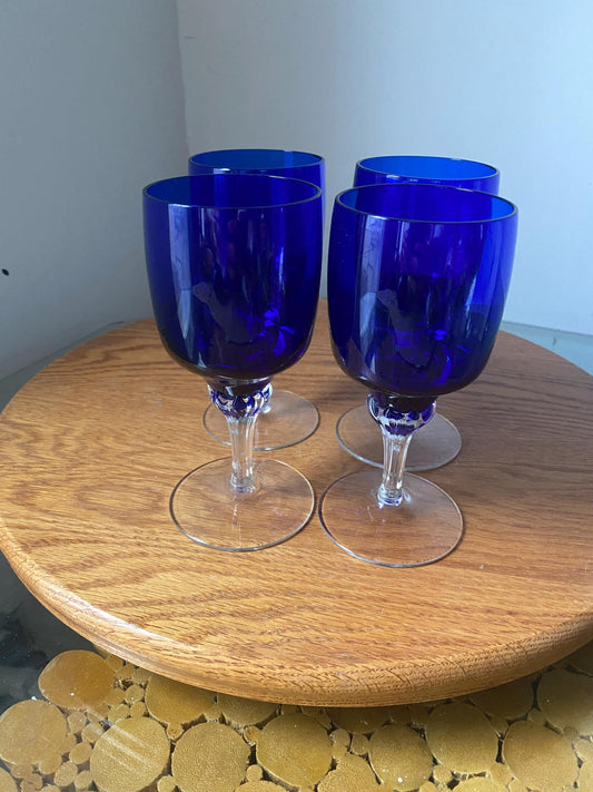 Set of 4 Vintage Cobalt Blue Bowl Wine Glasses with Pulled Clear Stem