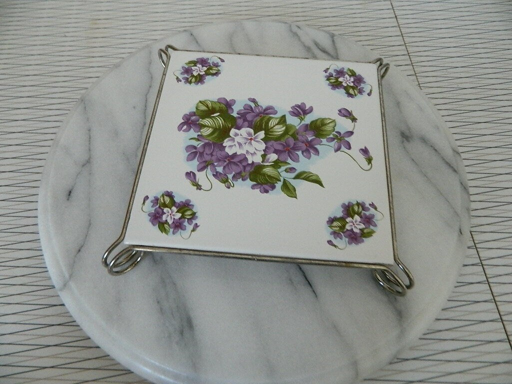 Vintage Purple Flower Ceramic Trivet Made in Italy