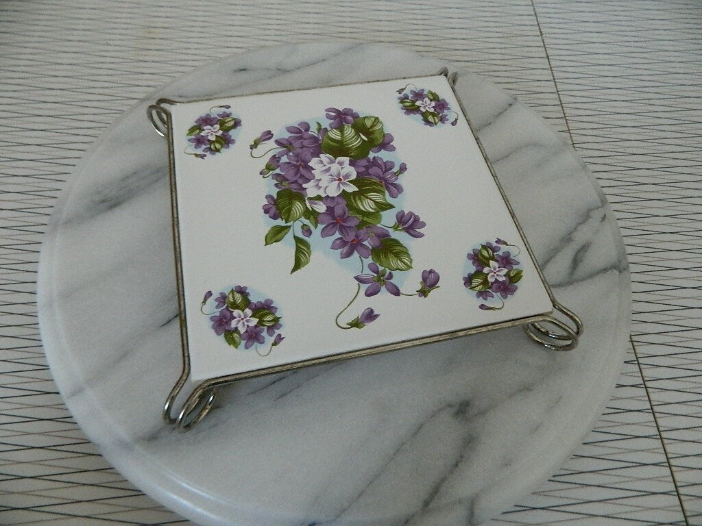 Vintage Purple Flower Ceramic Trivet Made in Italy