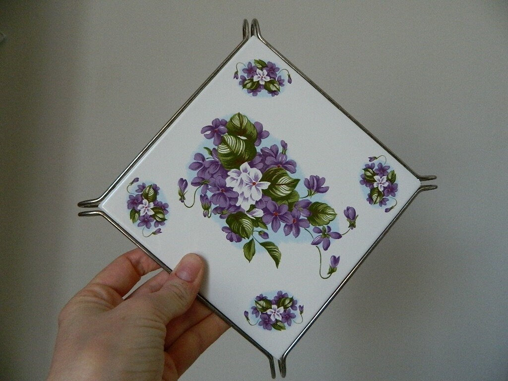 Vintage Purple Flower Ceramic Trivet Made in Italy