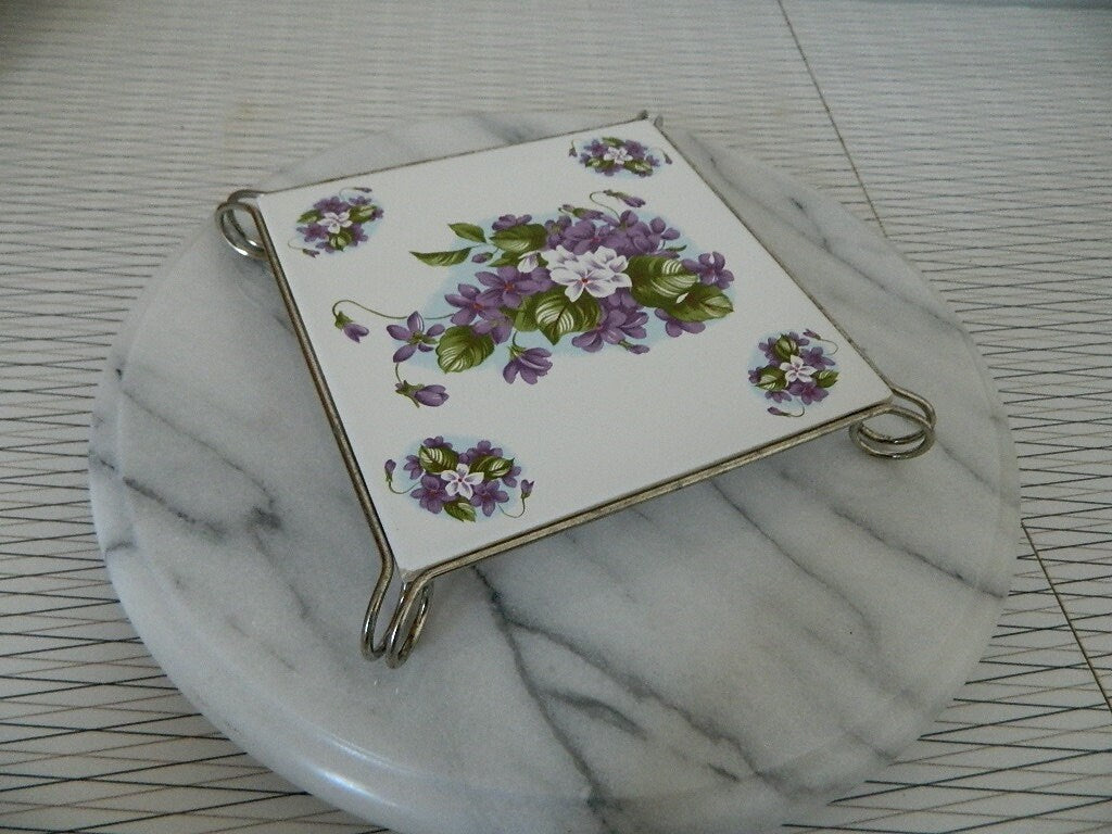 Vintage Purple Flower Ceramic Trivet Made in Italy