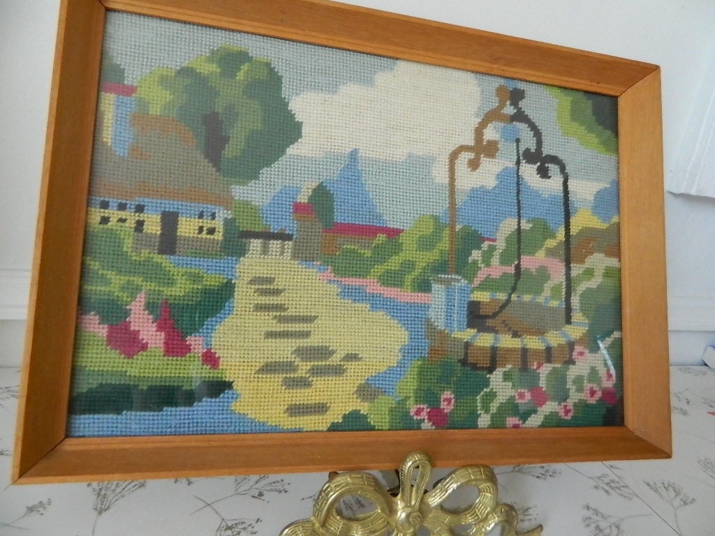 Medium Retro Embroidered Yarn Cottage Wishing Well Scene in  Wood Frame