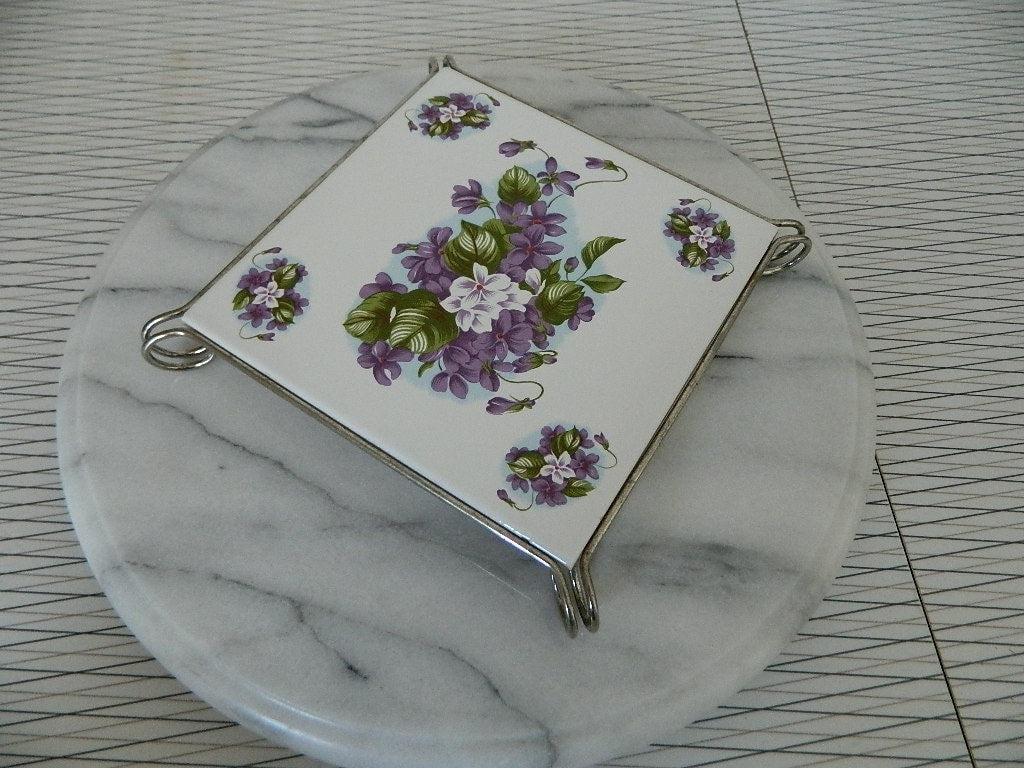 Vintage Purple Flower Ceramic Trivet Made in Italy