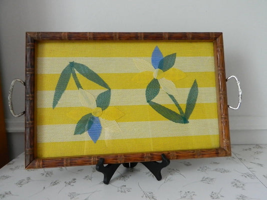 Retro Beachy Yellow Wood and Glass Serving Tray