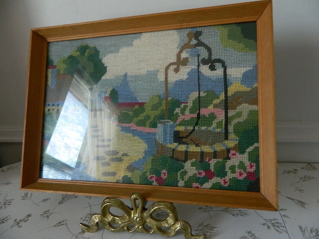 Medium Retro Embroidered Yarn Cottage Wishing Well Scene in  Wood Frame