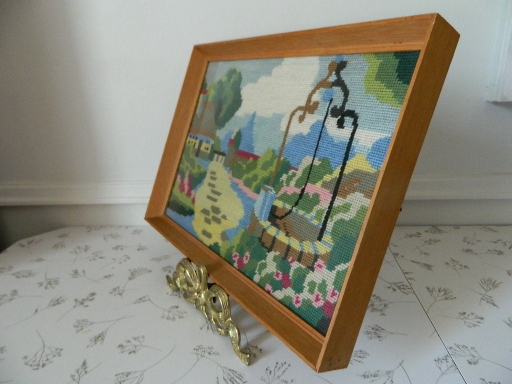 Medium Retro Embroidered Yarn Cottage Wishing newest Well Scene in Wood Frame