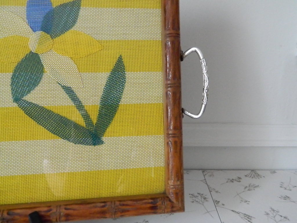 Retro Beachy Yellow Wood and Glass Serving Tray