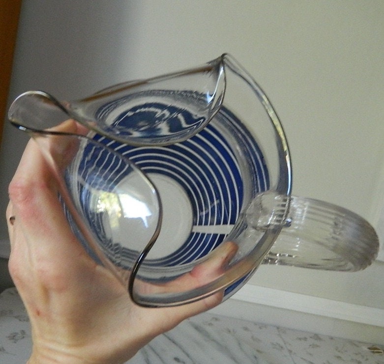 Vintage Clear Glass Pitcher with Blue Stripes