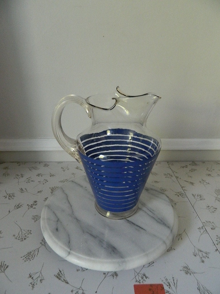 Vintage Clear Glass Pitcher with Blue Stripes