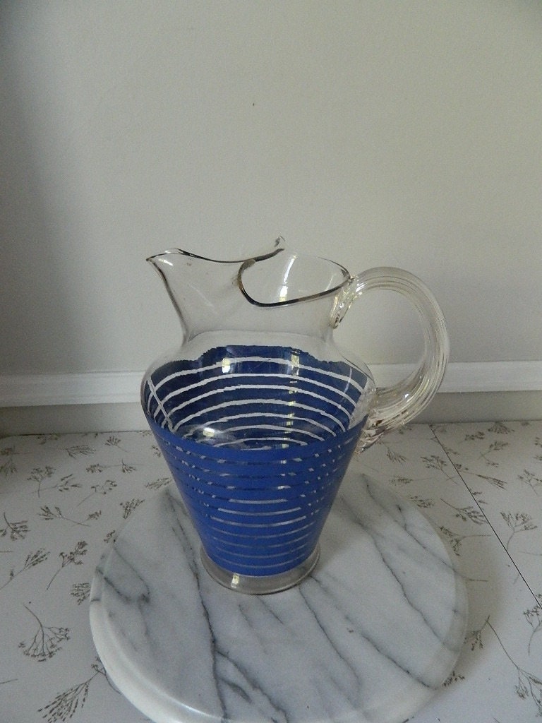 Vintage Clear Glass Pitcher with Blue Stripes