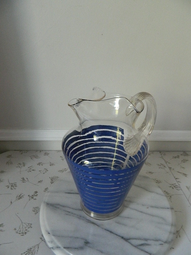 Vintage Clear Glass Pitcher with Blue Stripes