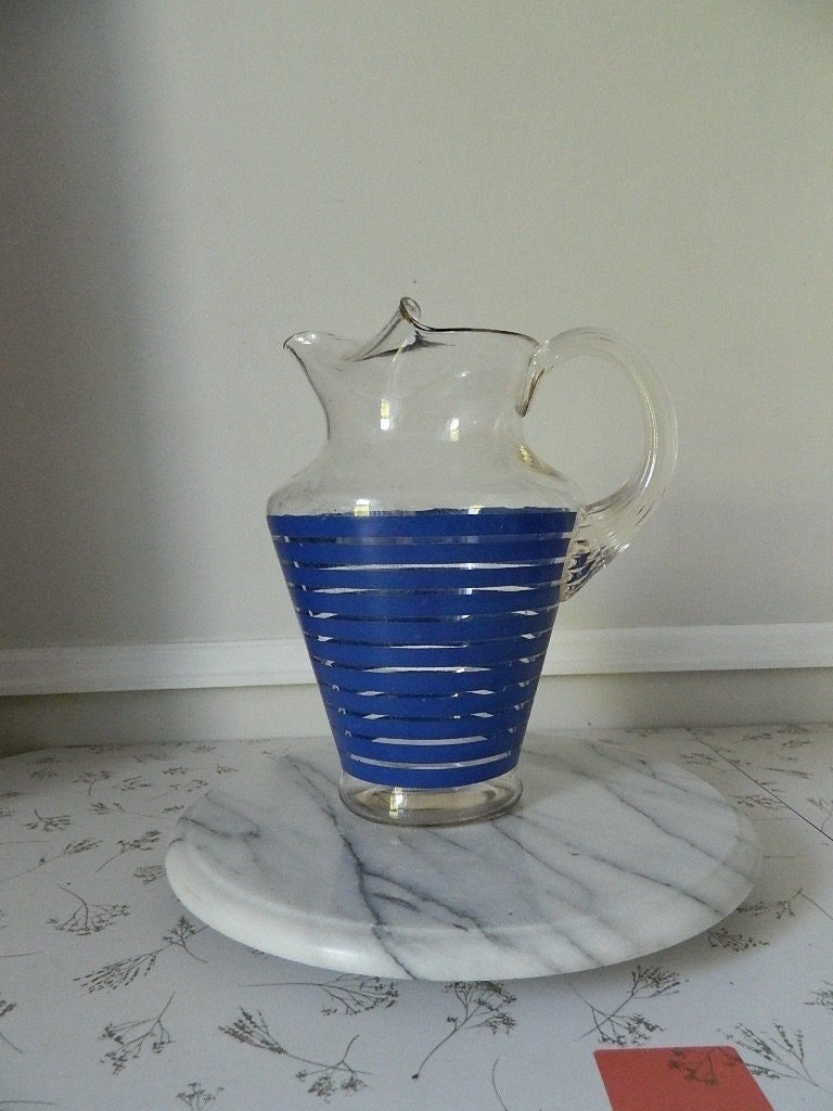 Vintage Clear Glass Pitcher with Blue Stripes