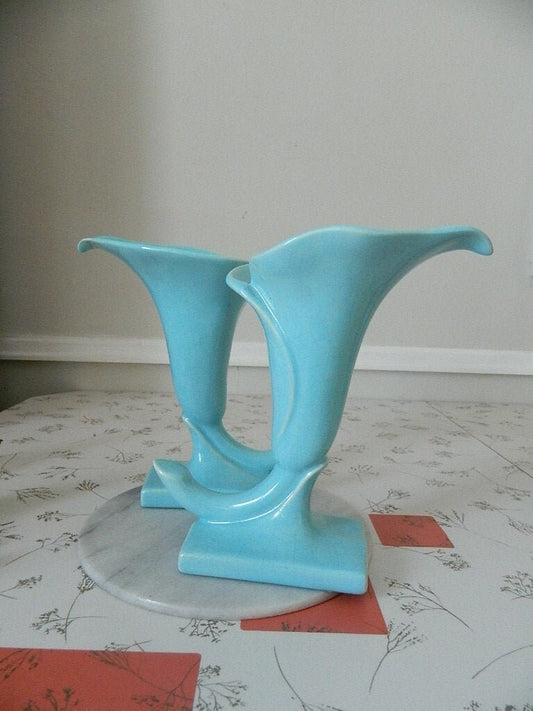 Pair of Vintage Ceramic Turquoise Hollywood by California Art Calla Lily Vases