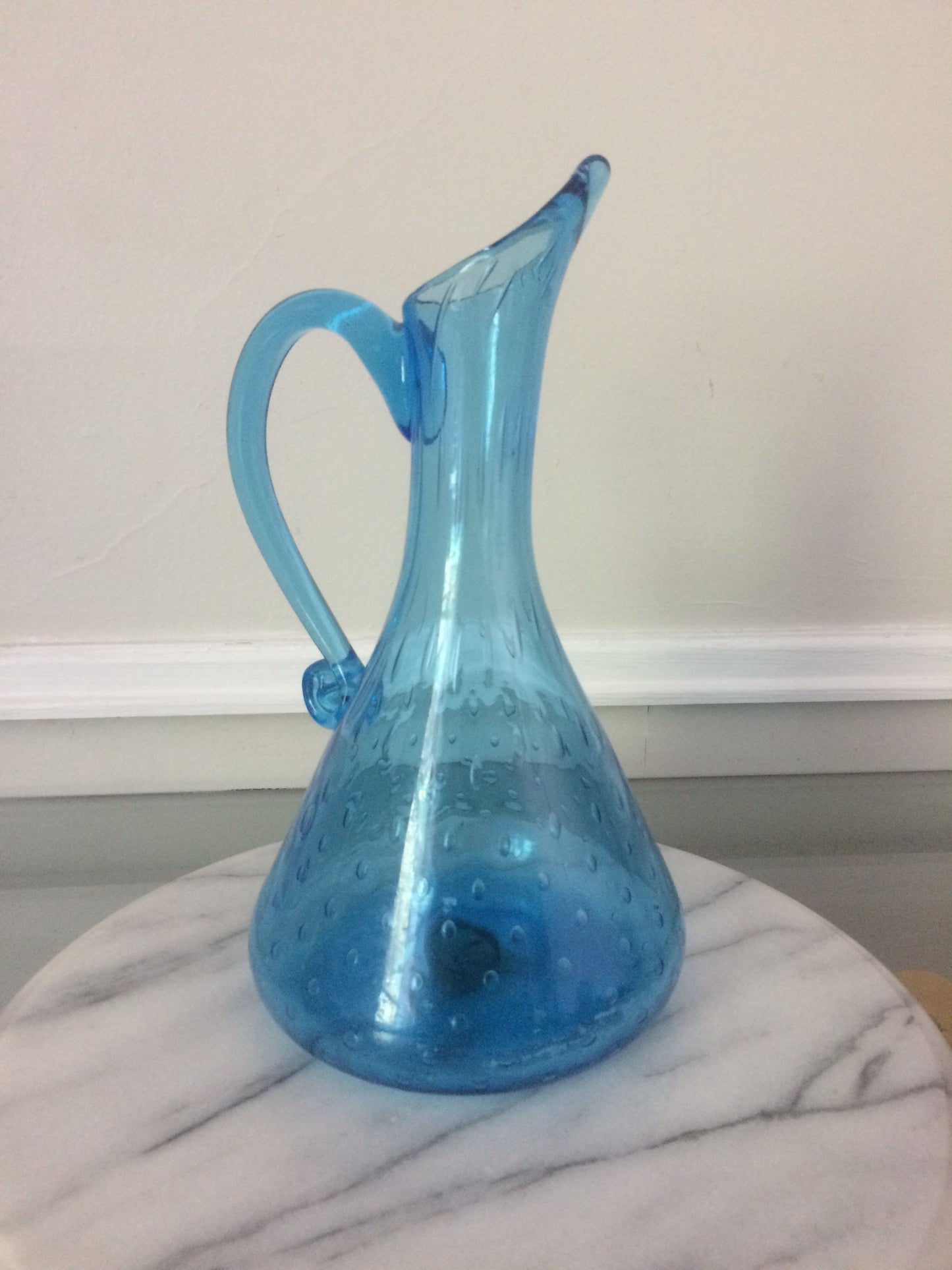 Vintage Hand Blown Controlled Bubble Aqua Blue Glass Ewer with Applied Handle