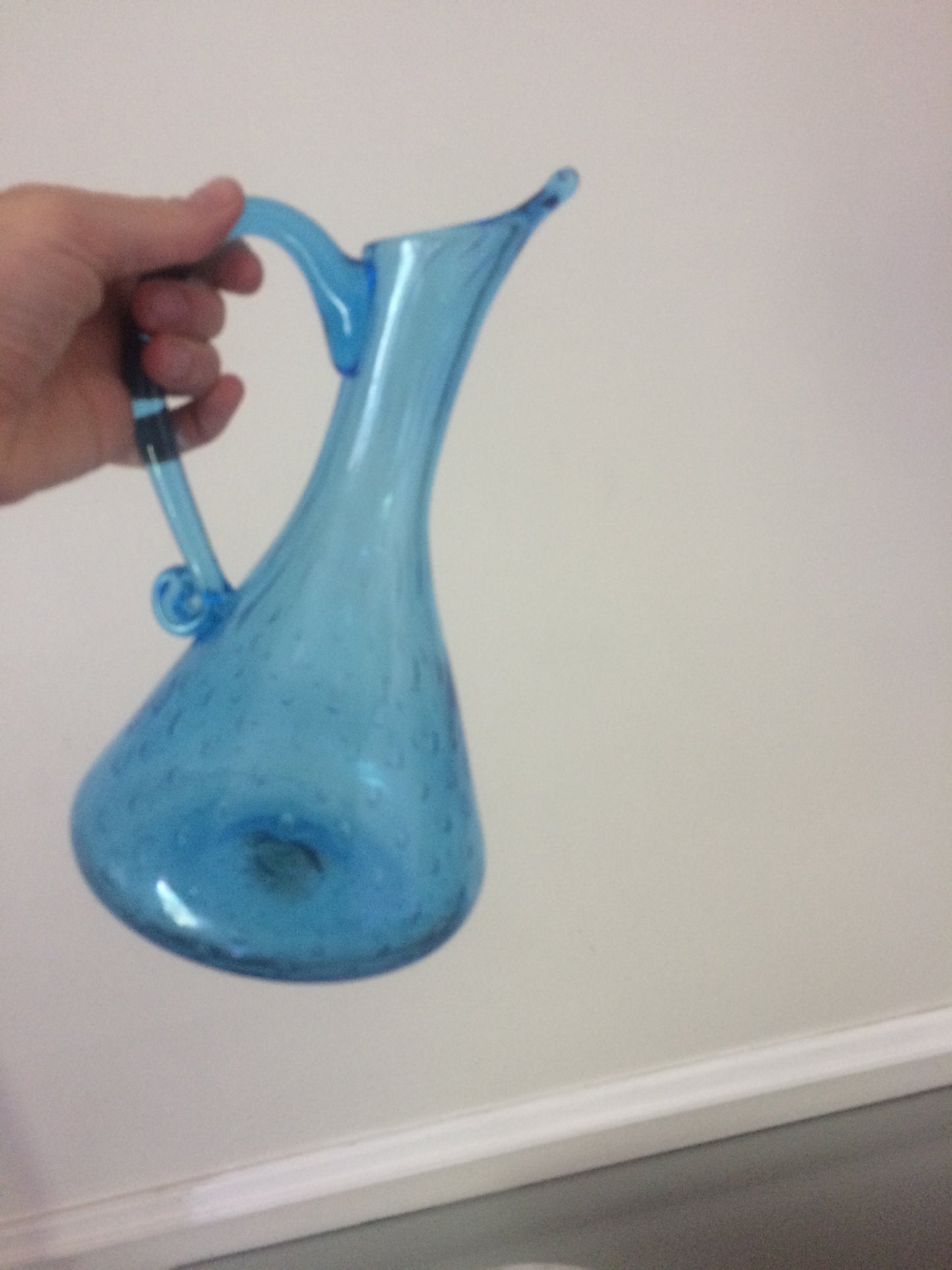 Vintage Hand Blown Controlled Bubble Aqua Blue Glass Ewer with Applied Handle