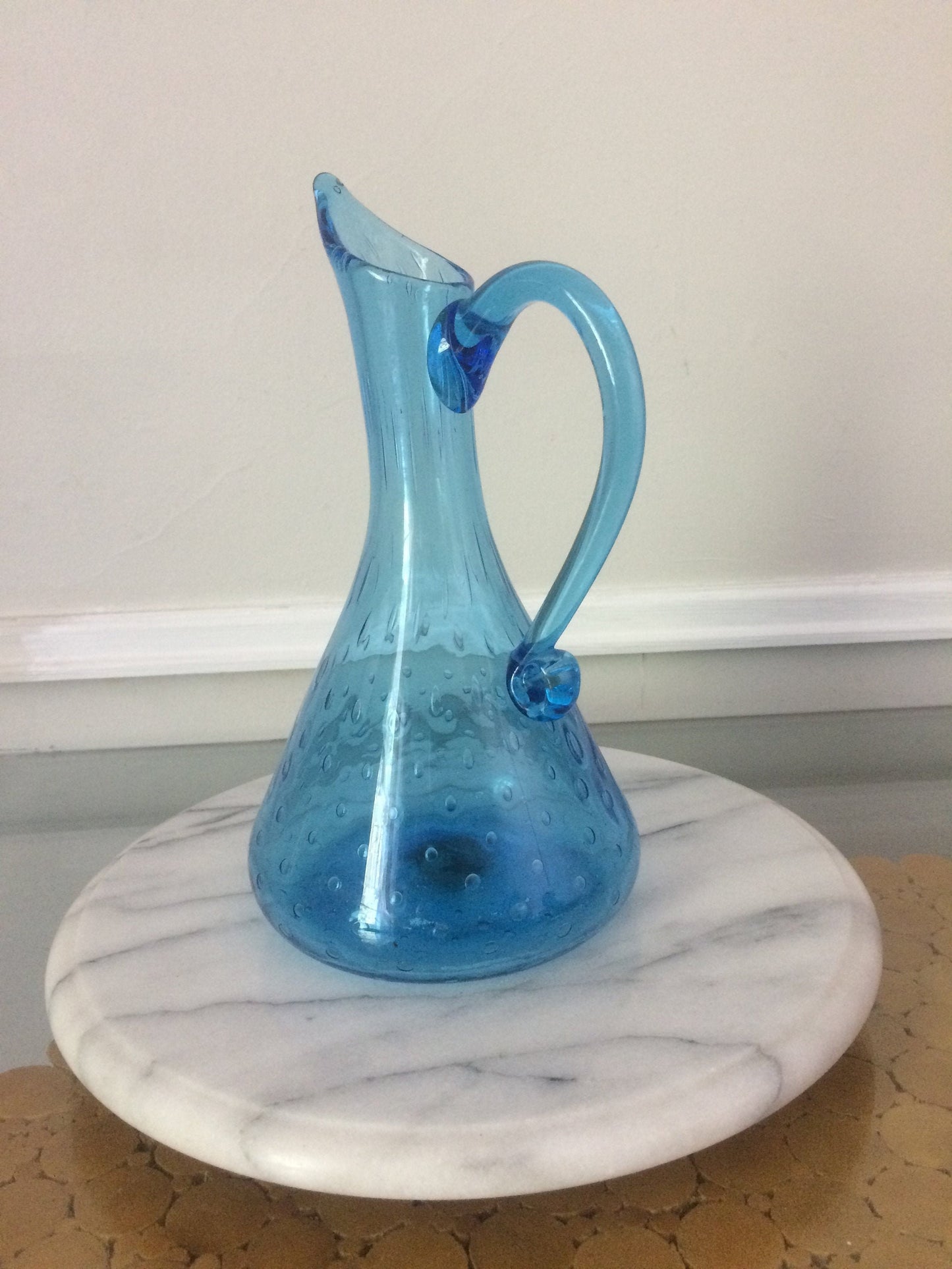 Vintage Hand Blown Controlled Bubble Aqua Blue Glass Ewer with Applied Handle