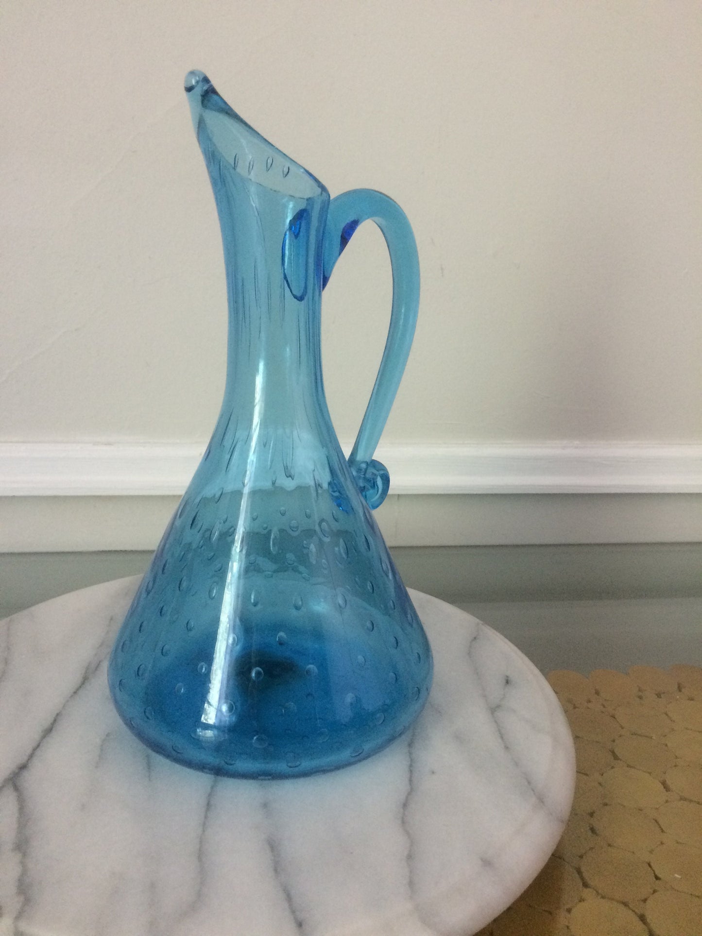 Vintage Hand Blown Controlled Bubble Aqua Blue Glass Ewer with Applied Handle