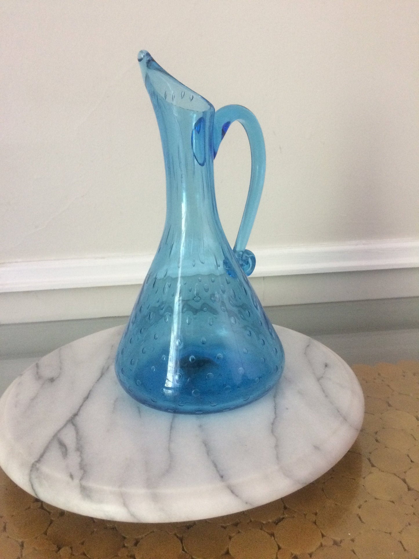 Vintage Hand Blown Controlled Bubble Aqua Blue Glass Ewer with Applied Handle