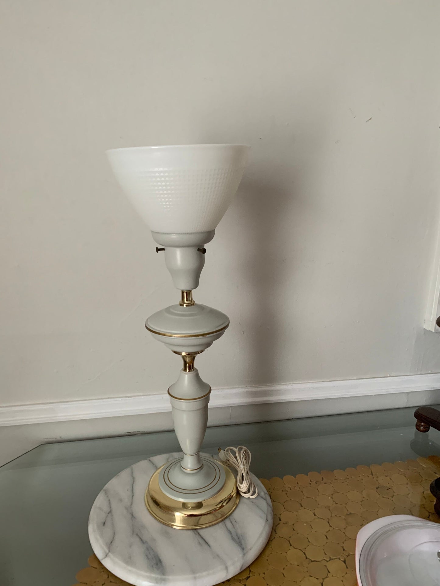 Tall White Metal Table Lamp with Gold Accents and Milk Glass Shade