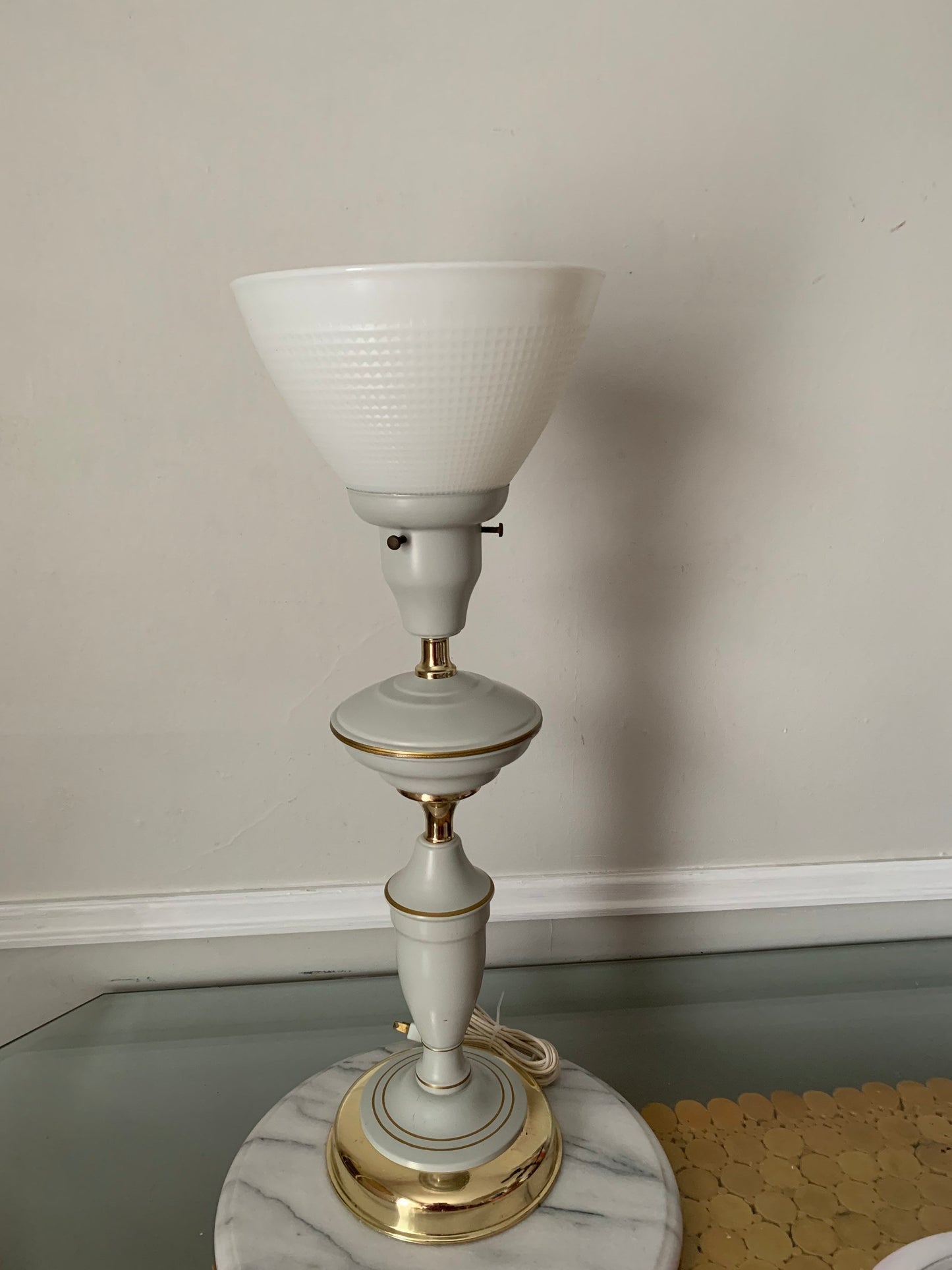 Tall White Metal Table Lamp with Gold Accents and Milk Glass Shade