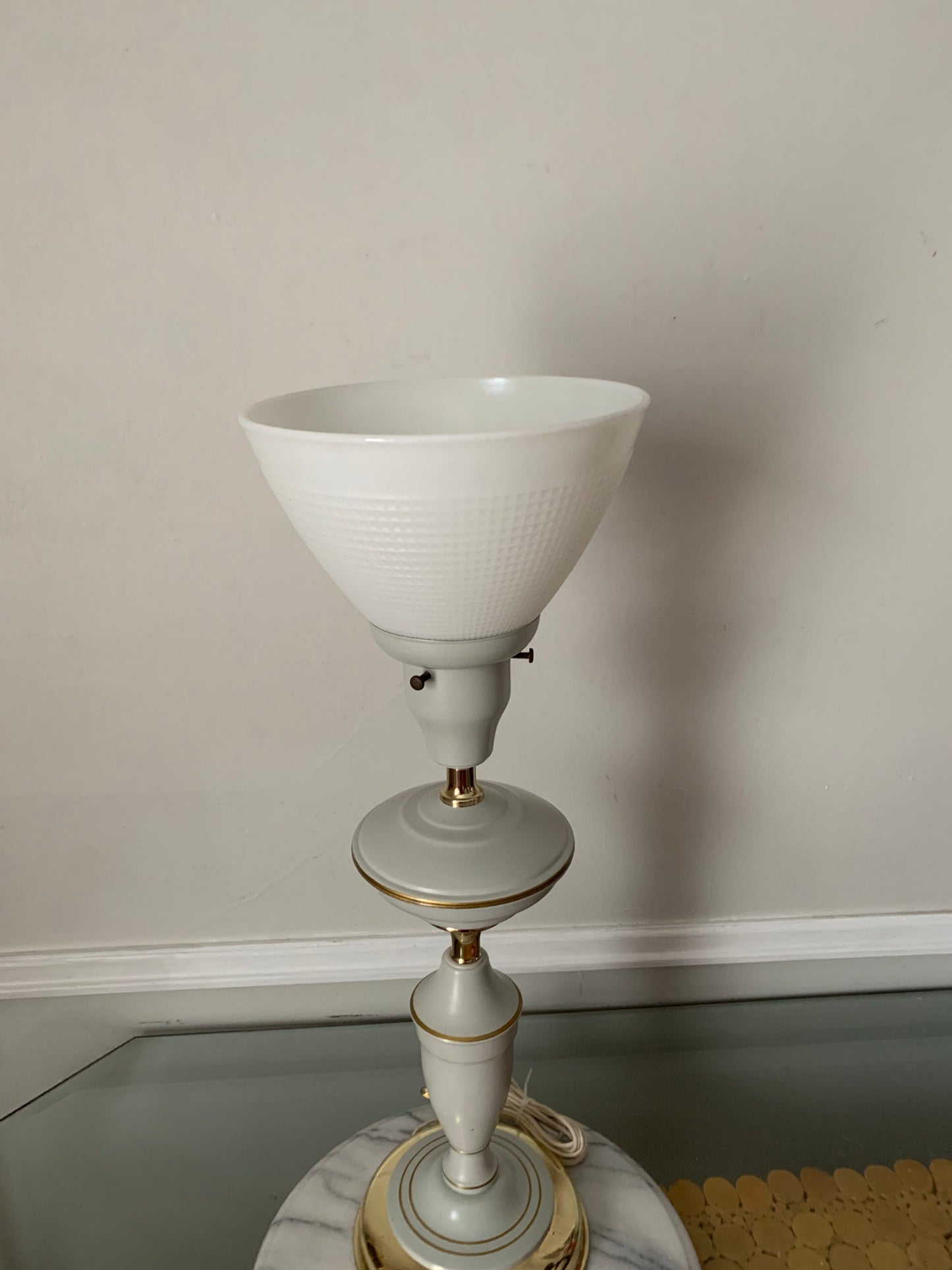 Tall White Metal Table Lamp with Gold Accents and Milk Glass Shade