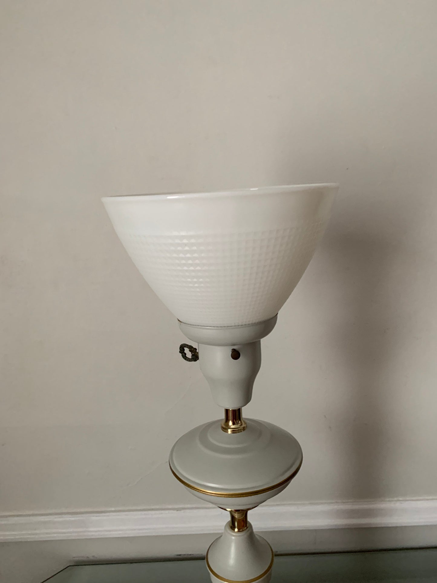 Tall White Metal Table Lamp with Gold Accents and Milk Glass Shade