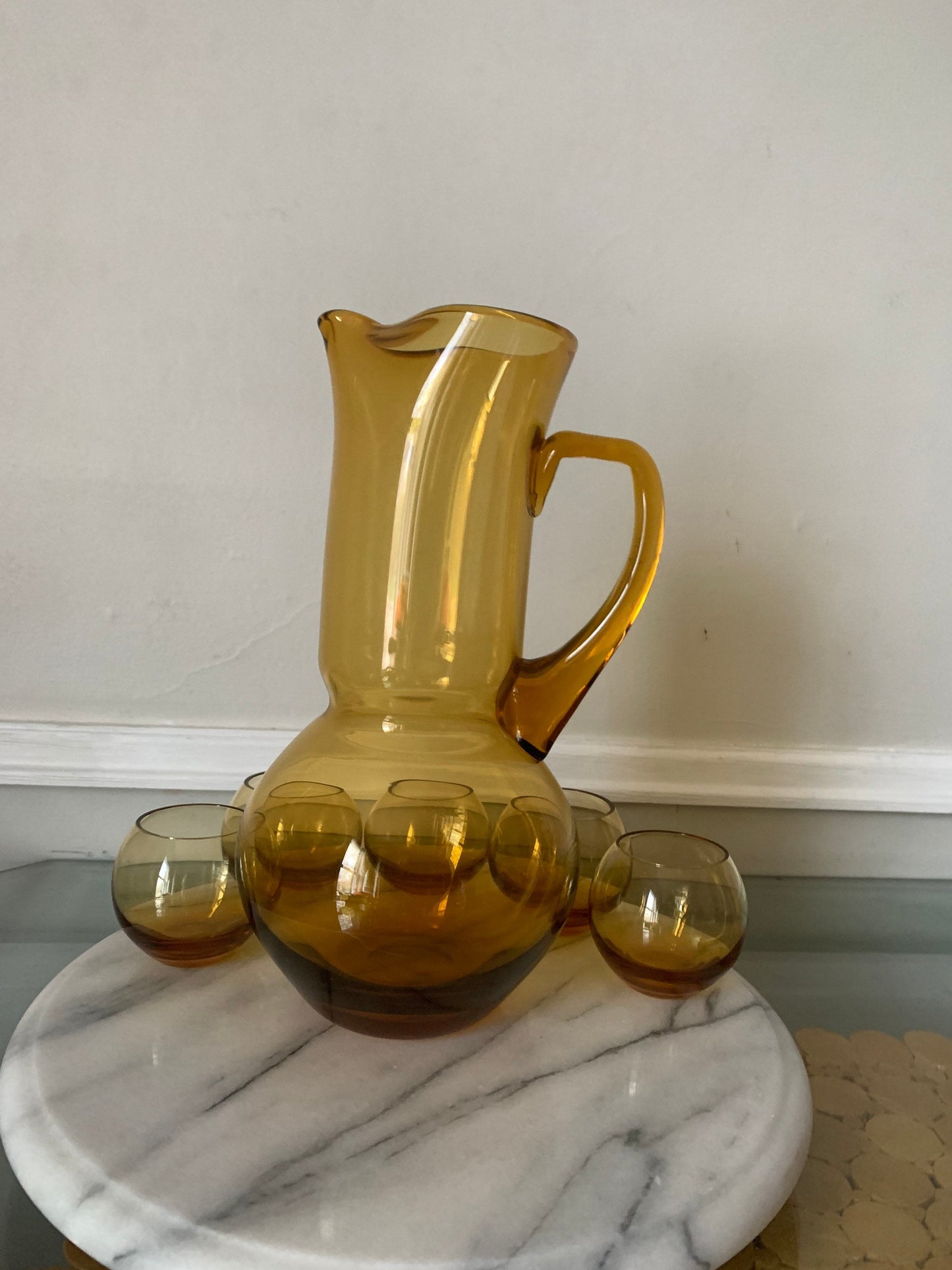 MCM Roly Poly Yellow Glass Pitcher with 5 Teeny Roly Poly Cups