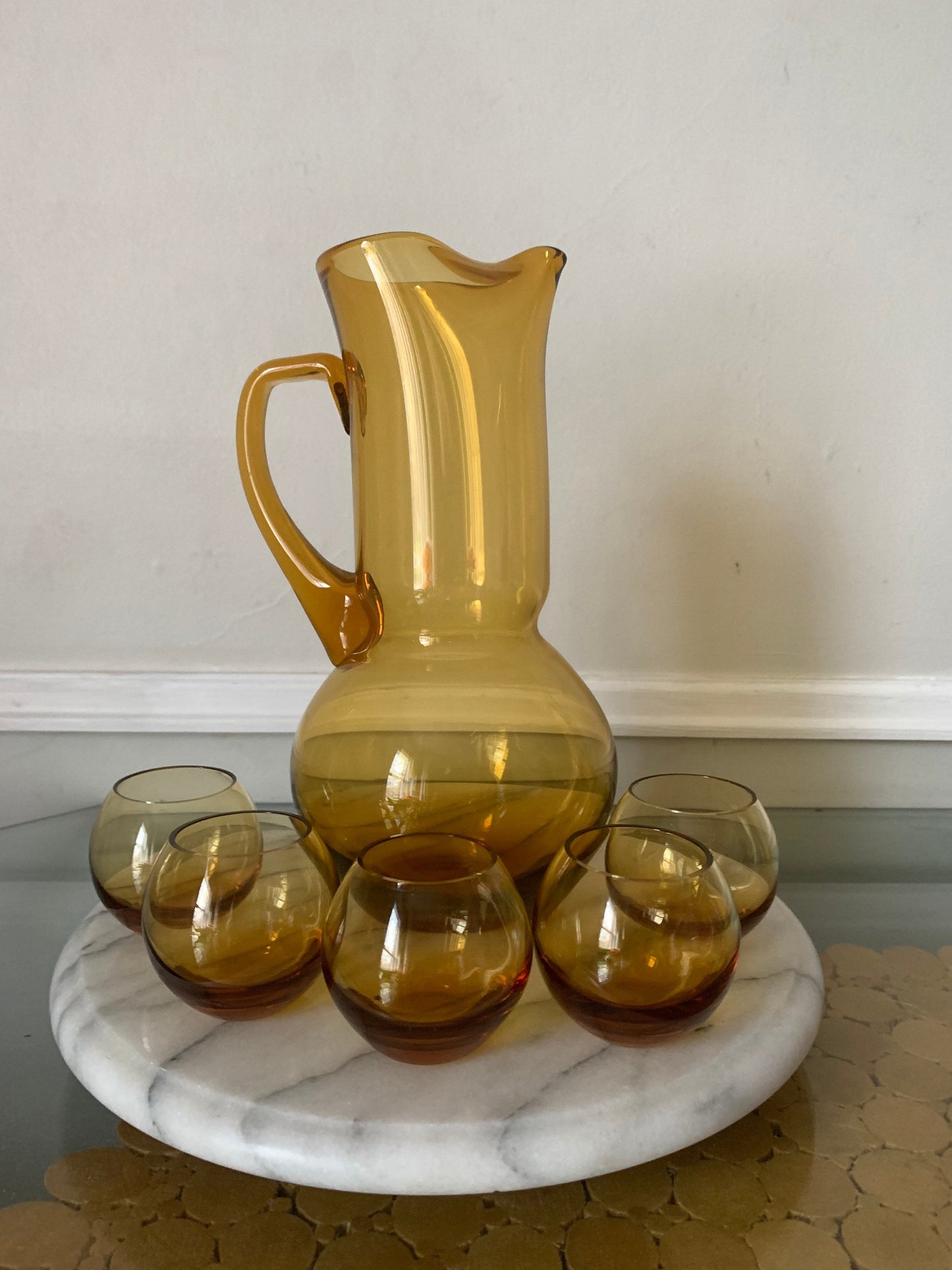 MCM Roly Poly Yellow Glass Pitcher with 5 Teeny Roly Poly Cups