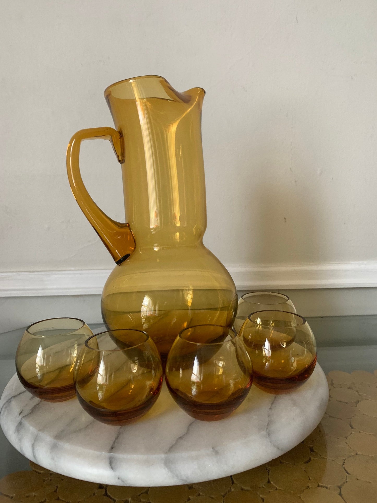 MCM Roly Poly Yellow Glass Pitcher with 5 Teeny Roly Poly Cups