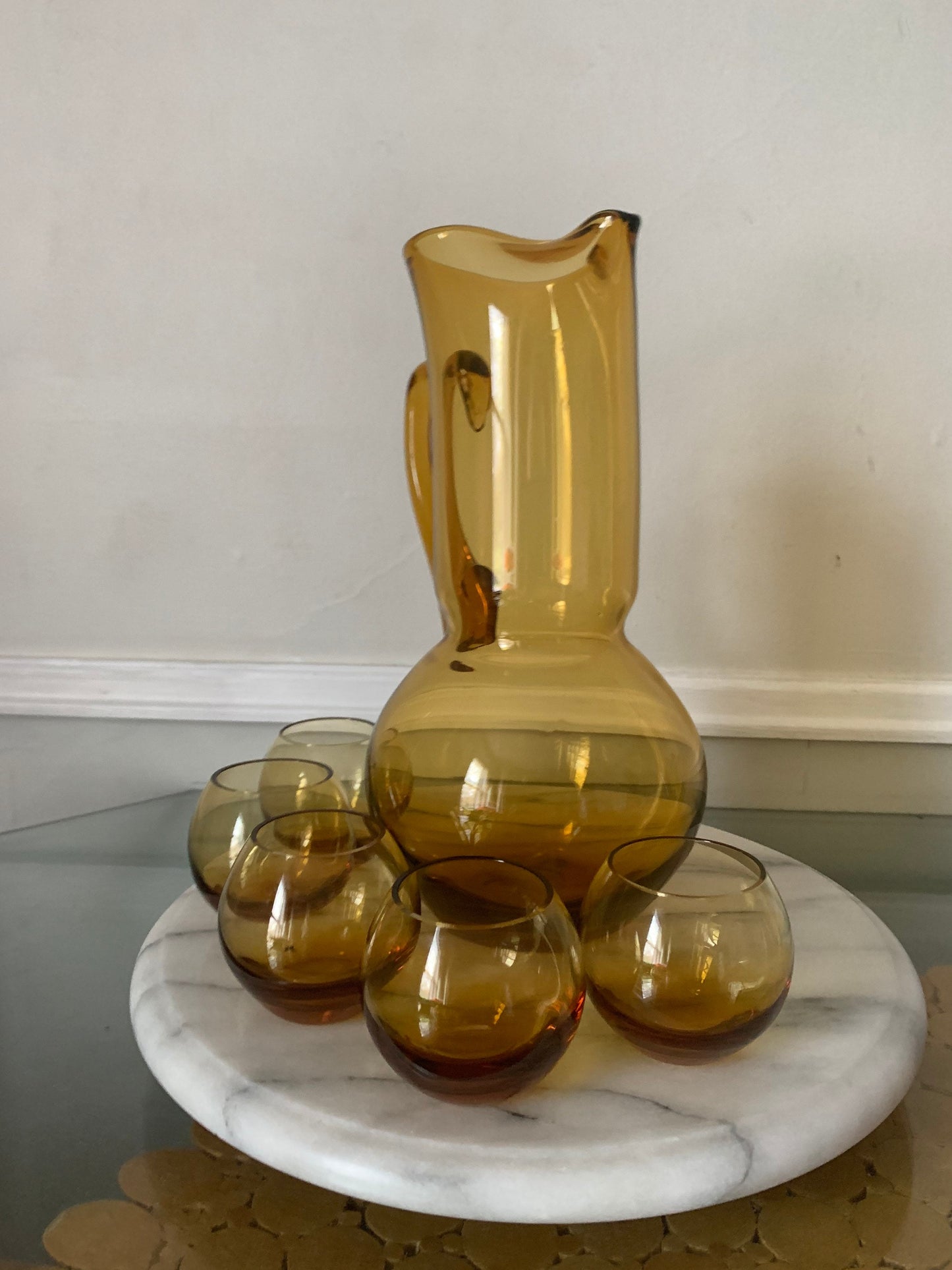 MCM Roly Poly Yellow Glass Pitcher with 5 Teeny Roly Poly Cups