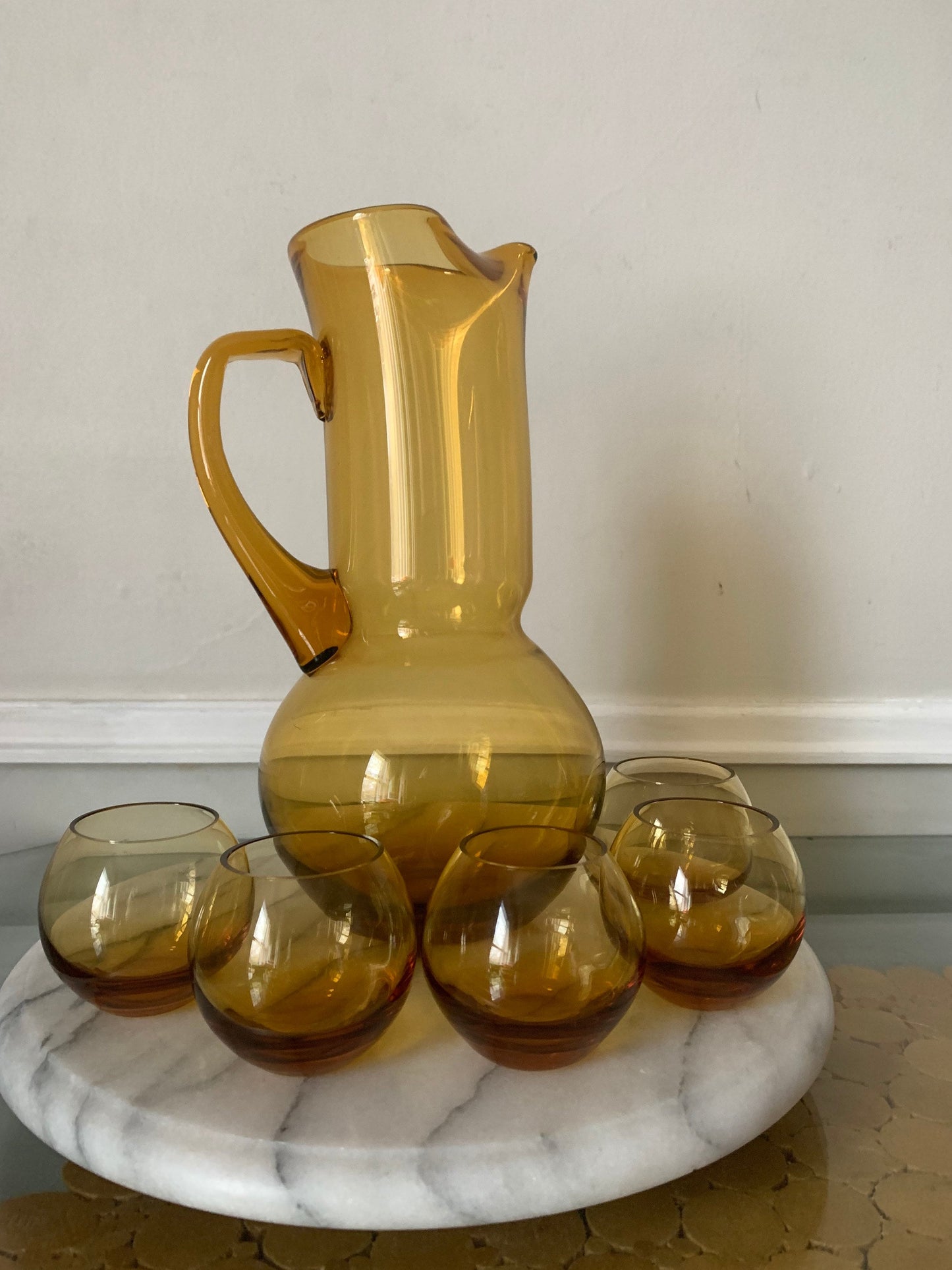 MCM Roly Poly Yellow Glass Pitcher with 5 Teeny Roly Poly Cups