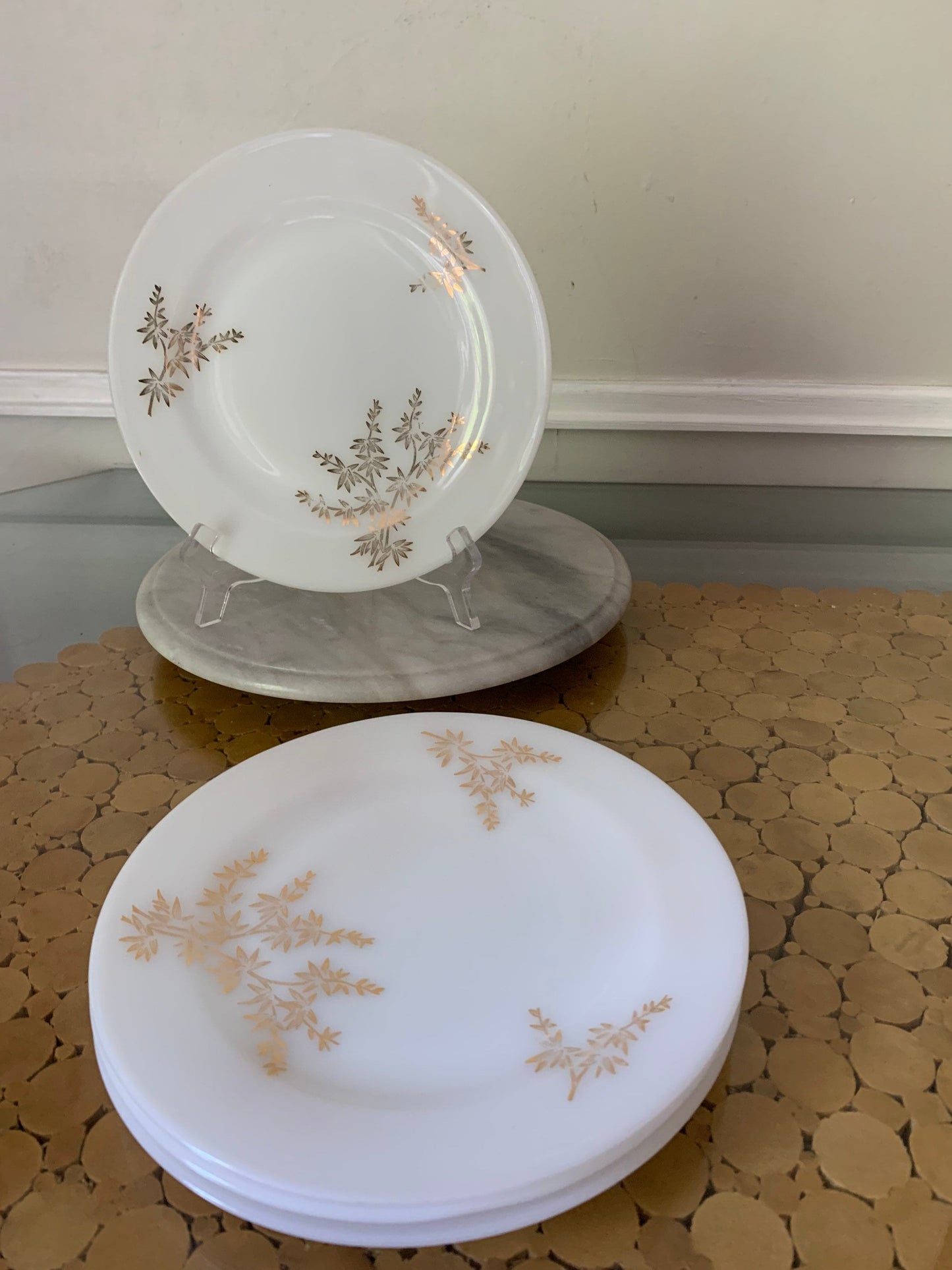 Vintage Set of 16 Federal Milk Glass Golden Glory Dinner Plate Bowl and Cup and Saucer