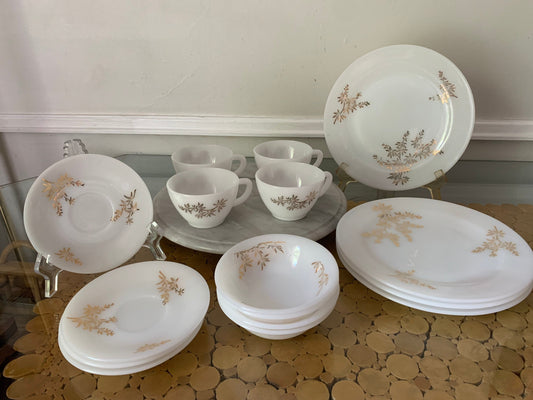 Vintage Set of 16 Federal Milk Glass Golden Glory Dinner Plate Bowl and Cup and Saucer