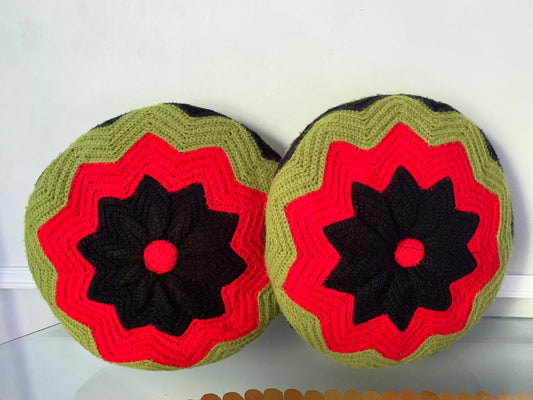 Pair of Round Retro Red Green and Black Retro Knitted Pillows