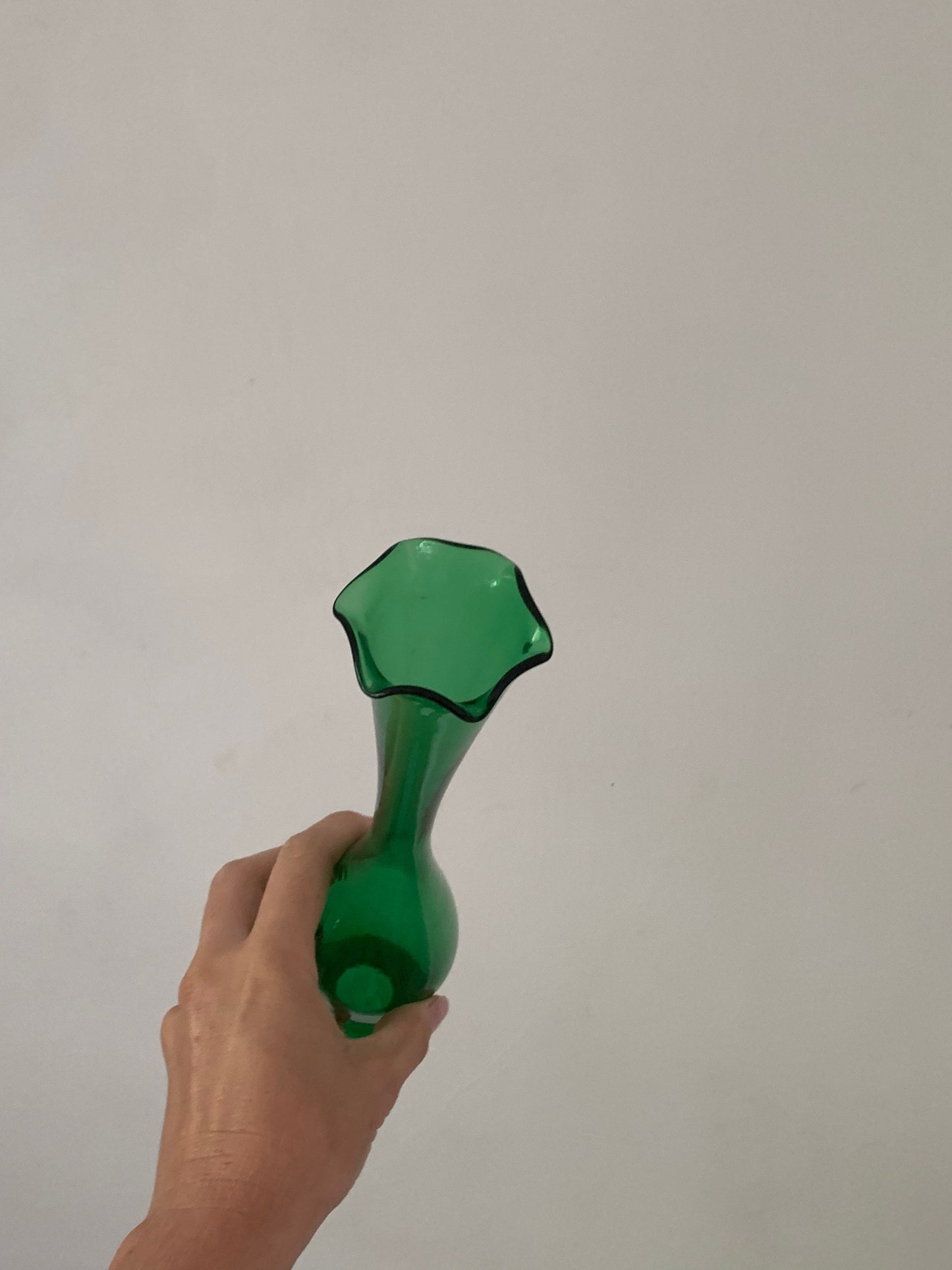 Two Vintage Medium Clear Green Glass Stretch Vases with Scalloped Edge