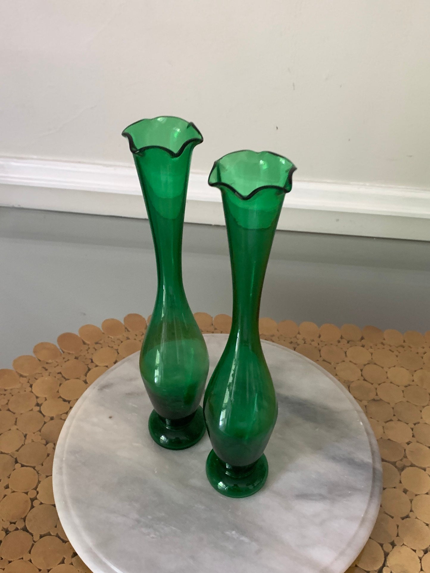 Two Vintage Medium Clear Green Glass Stretch Vases with Scalloped Edge
