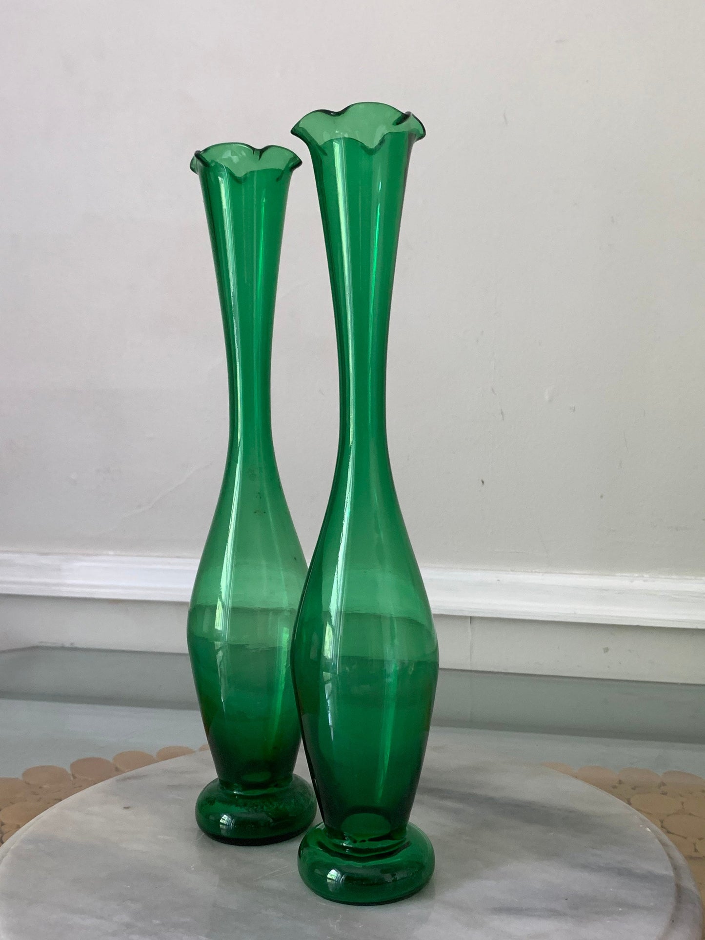 Two Vintage Medium Clear Green Glass Stretch Vases with Scalloped Edge