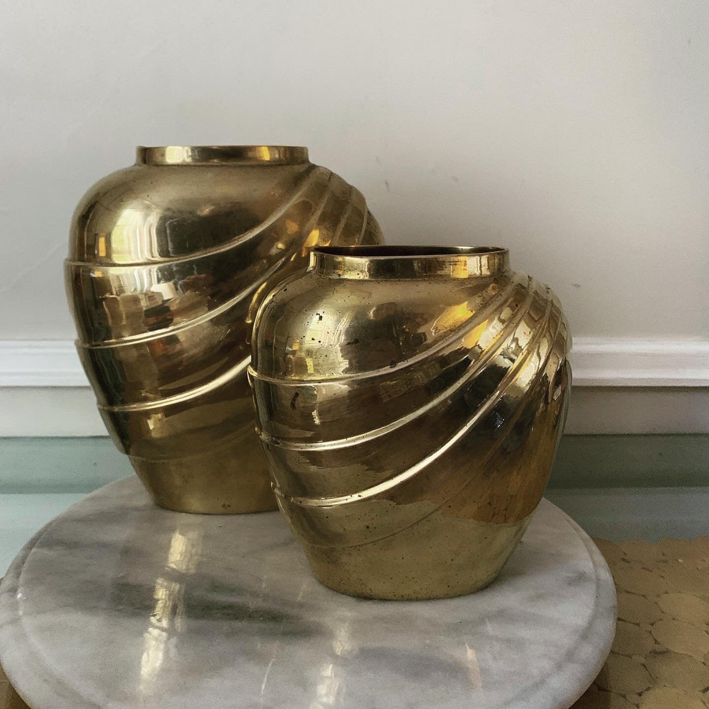 Pair of Retro Solid Brass Art Deco Inspired Shell Vases