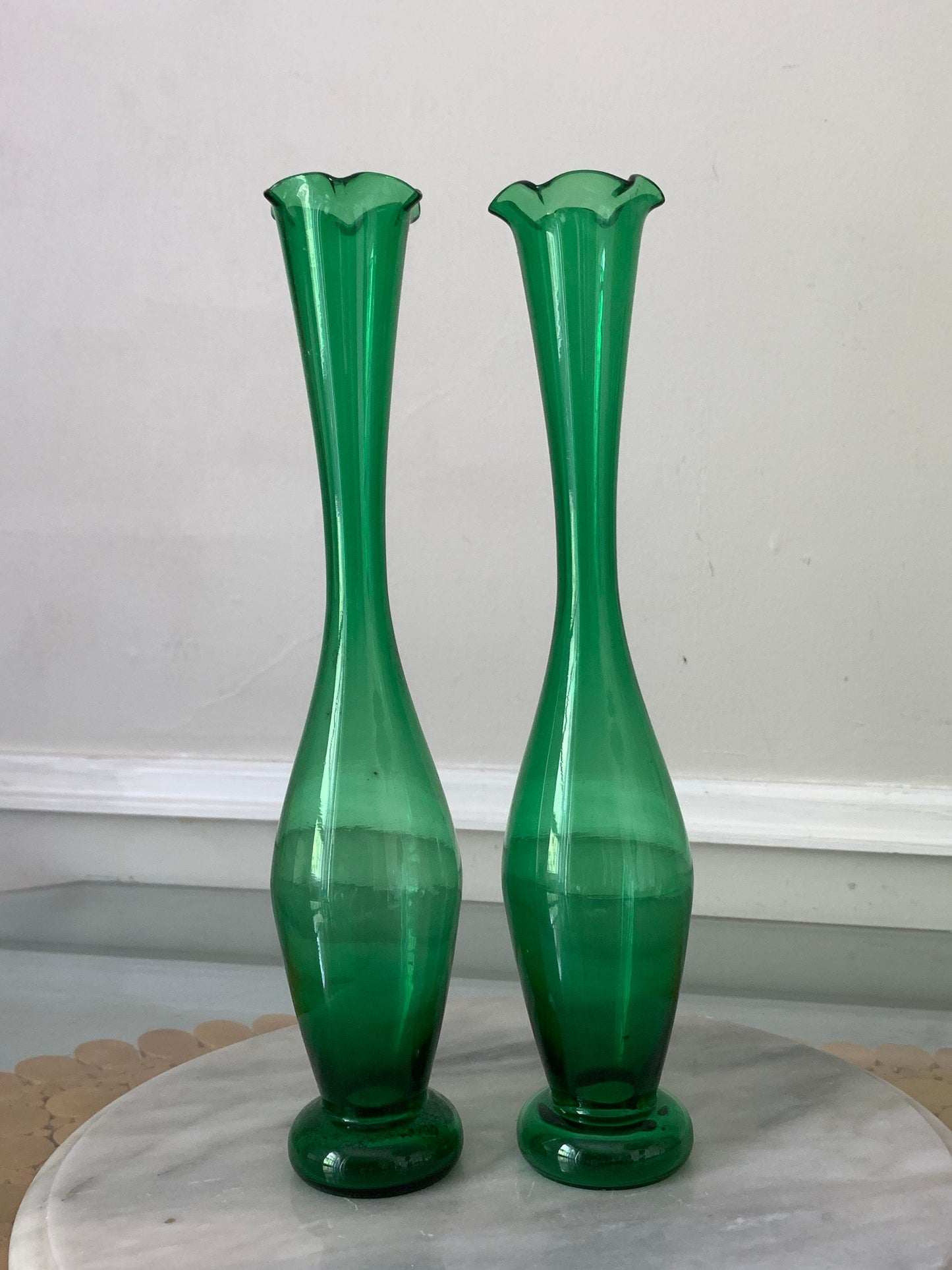 Two Vintage Medium Clear Green Glass Stretch Vases with Scalloped Edge