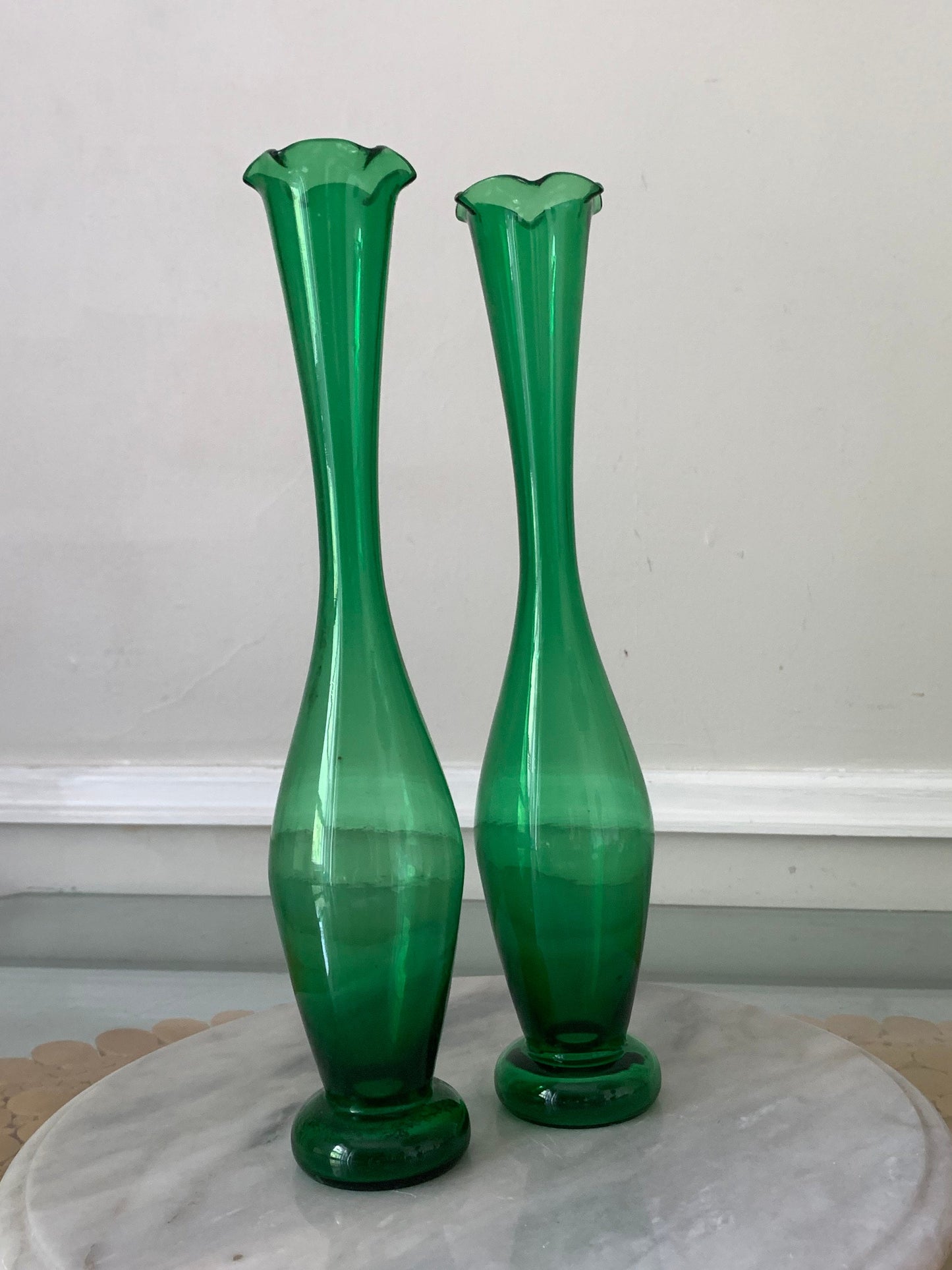 Two Vintage Medium Clear Green Glass Stretch Vases with Scalloped Edge