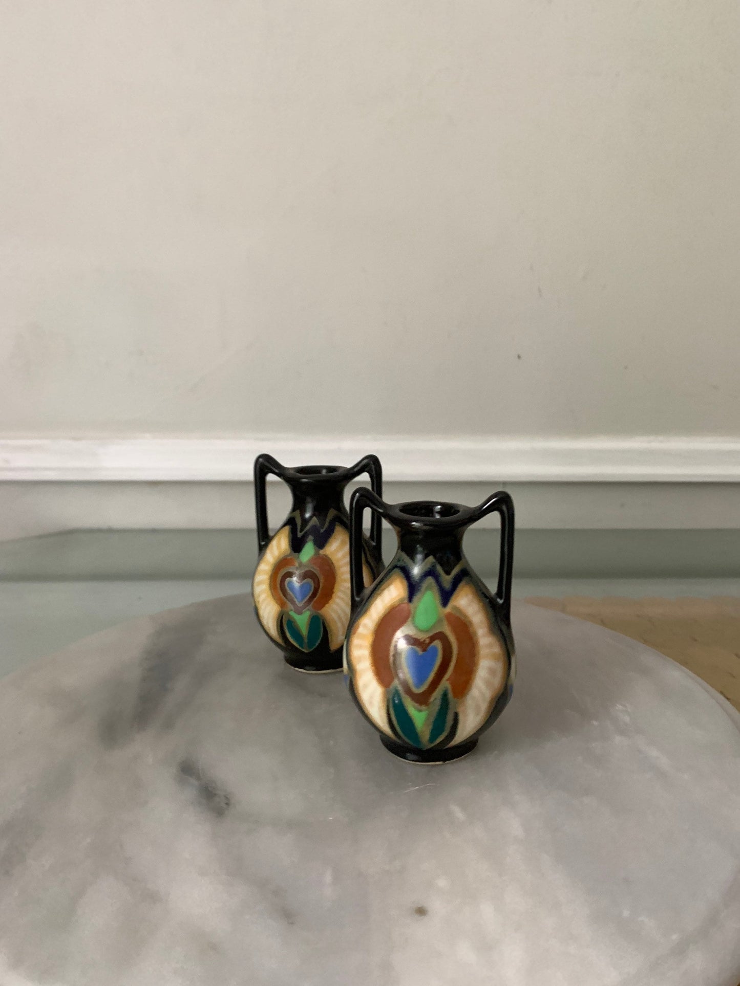 Pair of Double Handled Elita Heart Pottery Vases