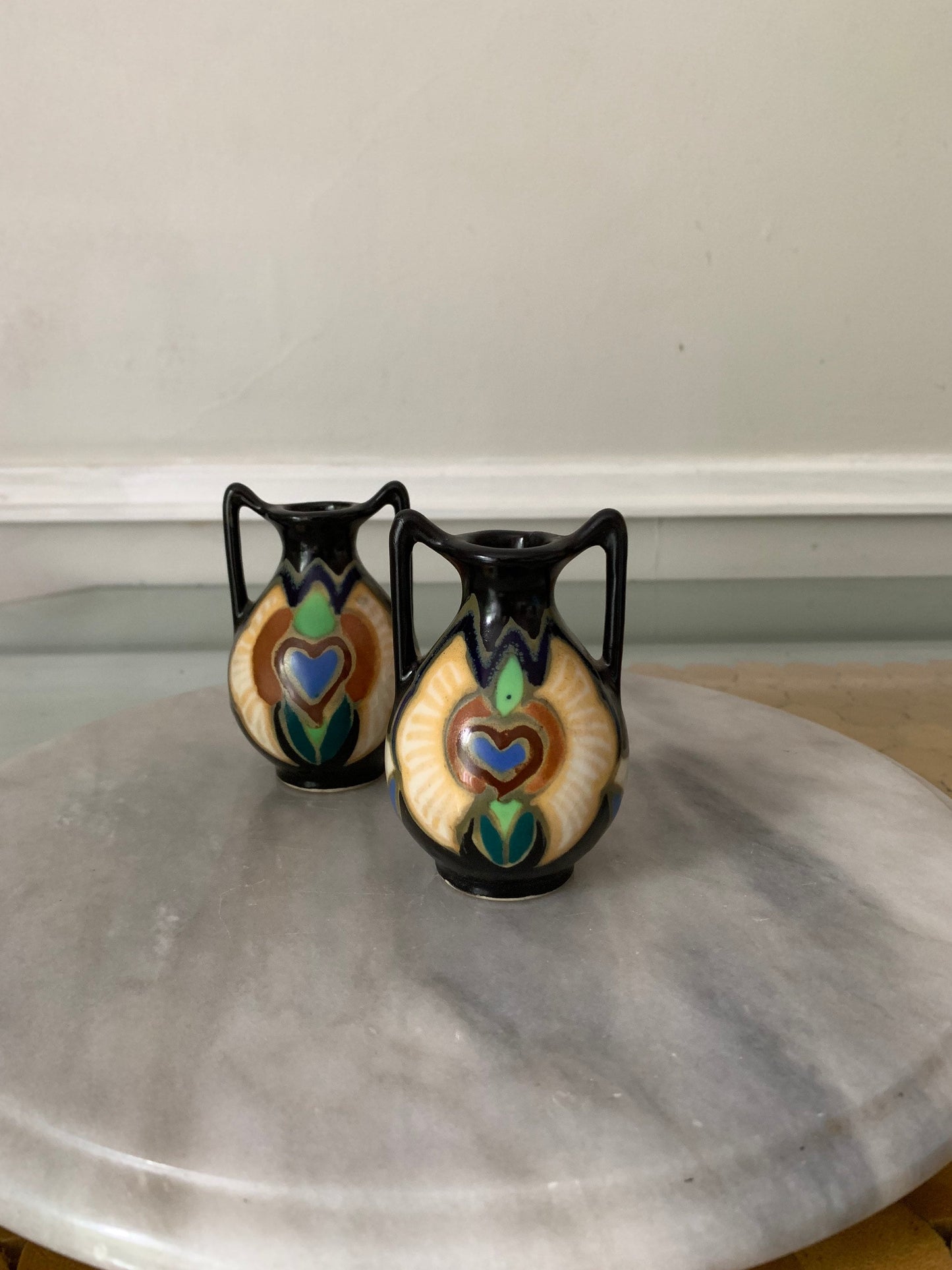 Pair of Double Handled Elita Heart Pottery Vases