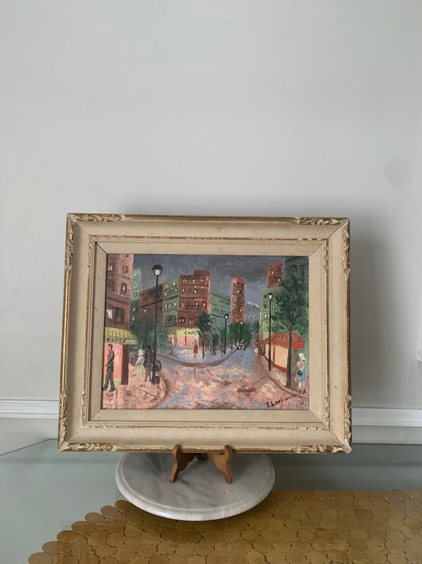 Large Vintage T Laaksonen Acrylic Paris City Scape Painting in Wood Frame