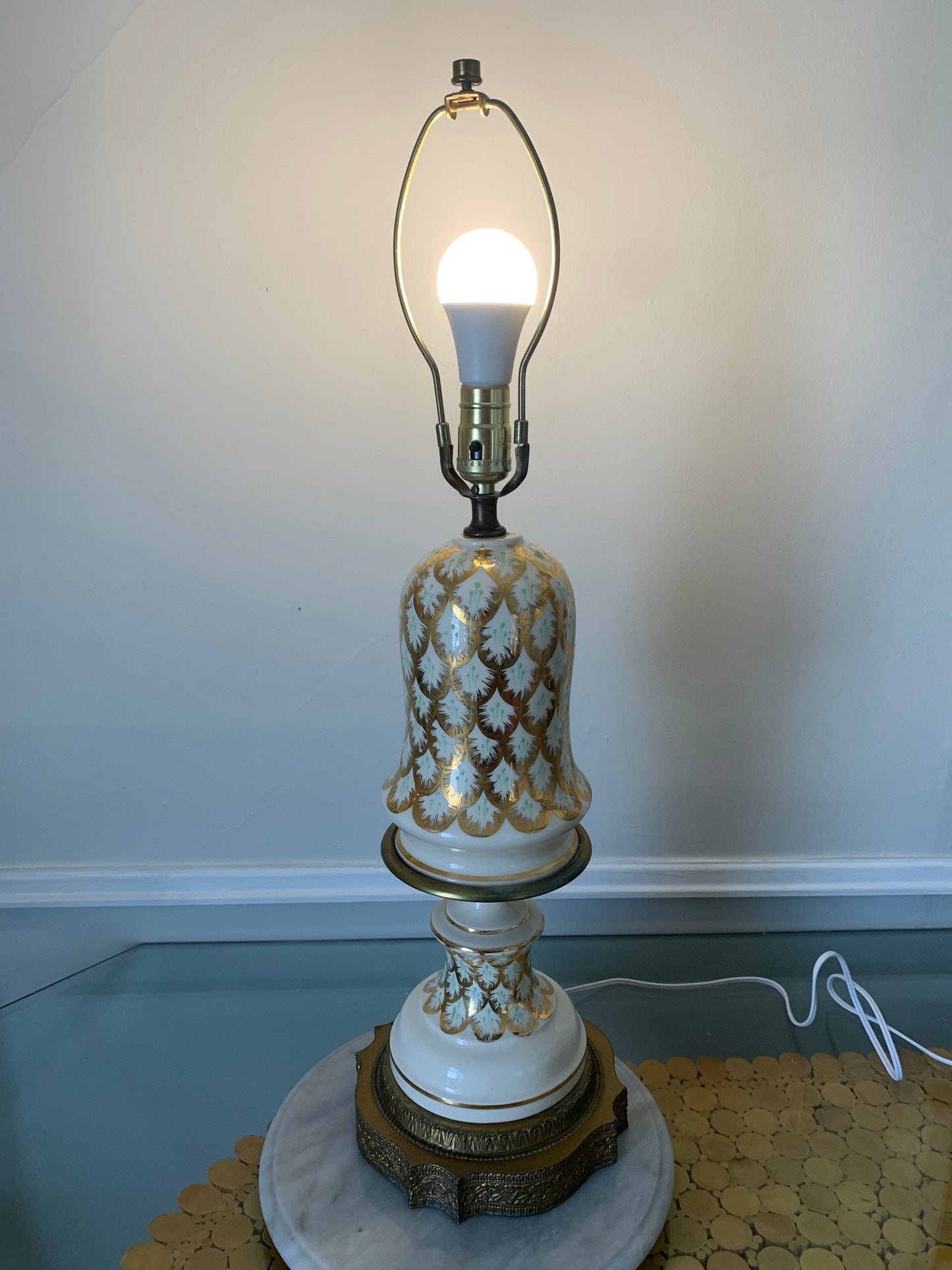 Antique Cream and Gold Tall Ceramic Lamp with Brass Base