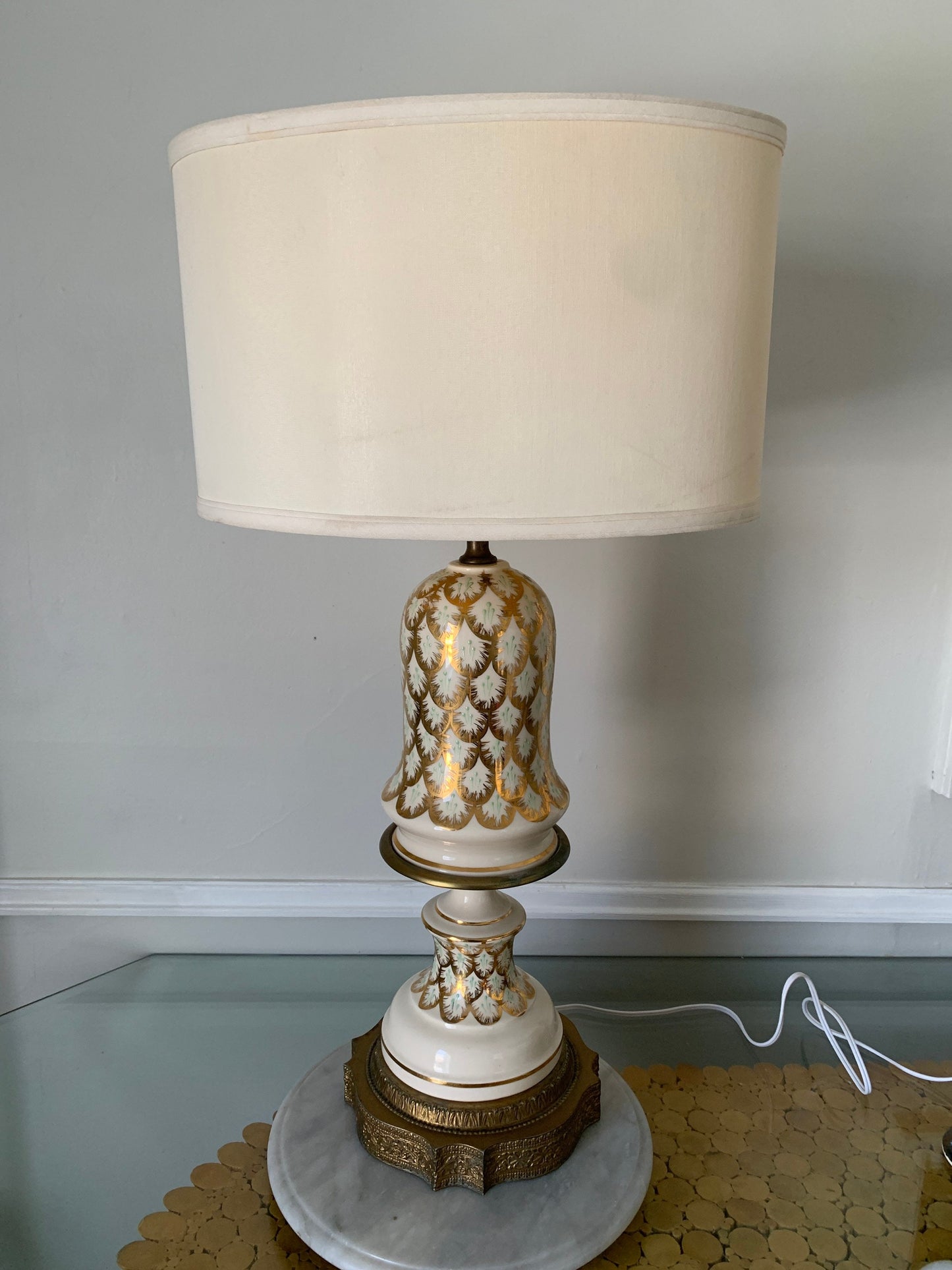 Antique Cream and Gold Tall Ceramic Lamp with Brass Base