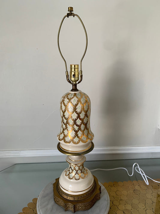 Antique Cream and Gold Tall Ceramic Lamp with Brass Base