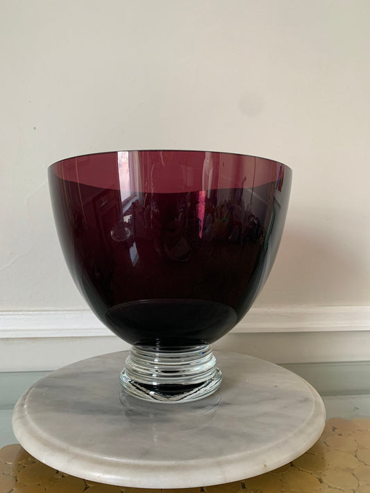 Vintage Heavy Amethyst Glass Bowl with Clear Ribbed Base