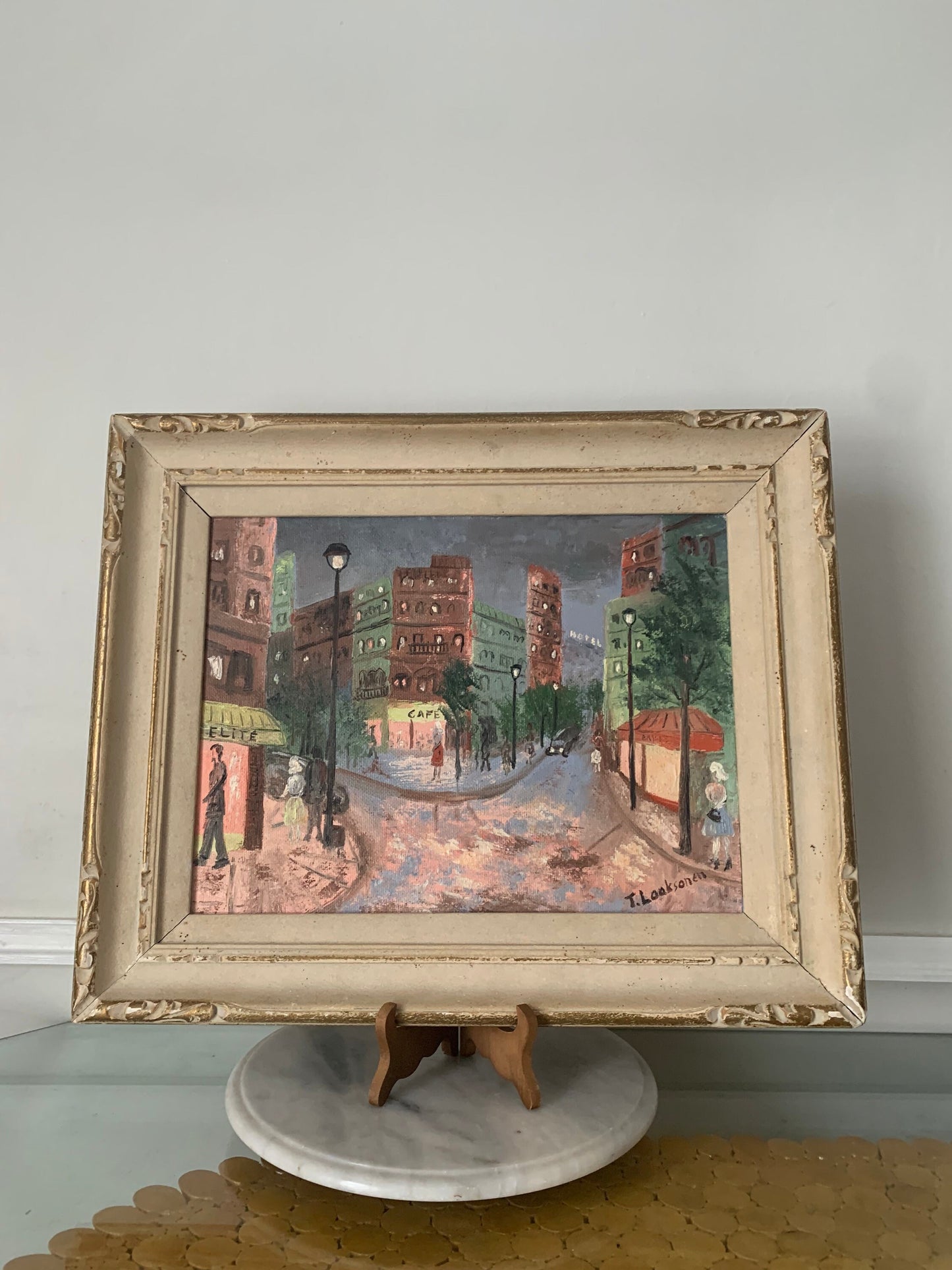 Large Vintage T Laaksonen Acrylic Paris City Scape Painting in Wood Frame