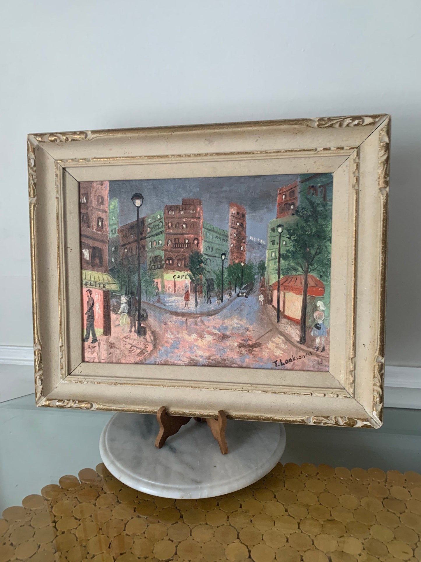 Large Vintage T Laaksonen Acrylic Paris City Scape Painting in Wood Frame